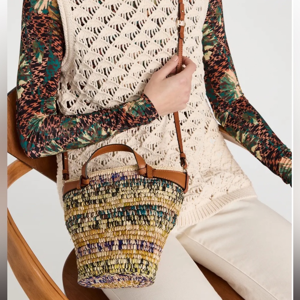 Ulla Johnson Multicolor Woven Straw Tote with Tan Leather Trim - Picture 3 of 8